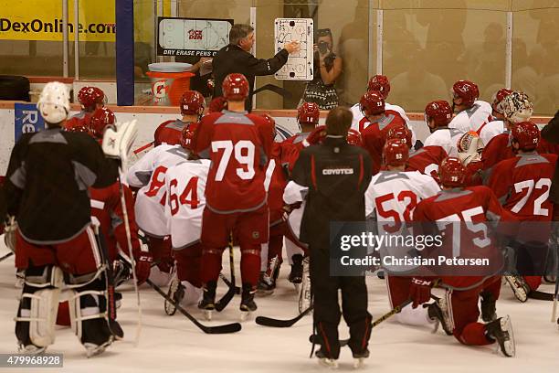 Head coach Dave Tippett of the Arizona Coyotes prepares drills in the prospect development camp at the Ice Den on July 8, 2015 in Scottsdale, Arizona.