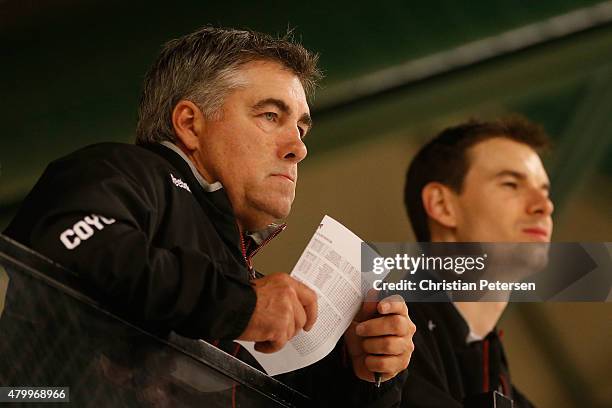 Head coach Dave Tippett and Assistant General Manager/Analytics John Chayka of the Arizona Coyotes watch the prospect development camp at the Ice Den...