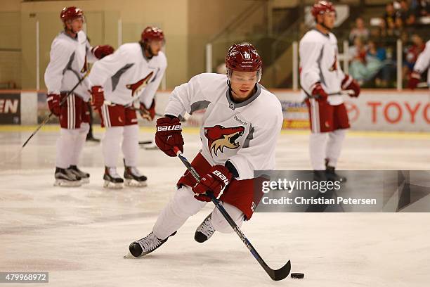 Max Domi of the Arizona Coyotes participates in the prospect development camp at the Ice Den on July 8, 2015 in Scottsdale, Arizona.