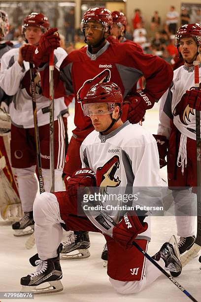 Max Domi and Anthony Duclair of the Arizona Coyotes participant in the prospect development camp at the Ice Den on July 8, 2015 in Scottsdale,...