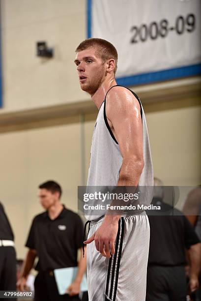 Seth Tuttle of the Miami Heat reacts to a play against the Los Angeles Clippers in a 2015 NBA Orlando Pro Summer League game on July 8, 2015 at Amway...