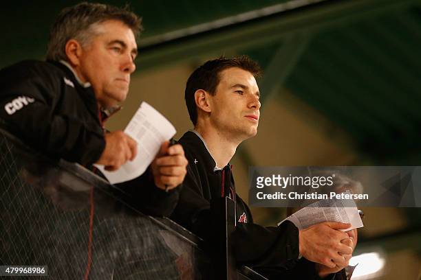 Assistant General Manager/Analytics John Chayka of the Arizona Coyotes watches the prospect development camp at the Ice Den on July 8, 2015 in...