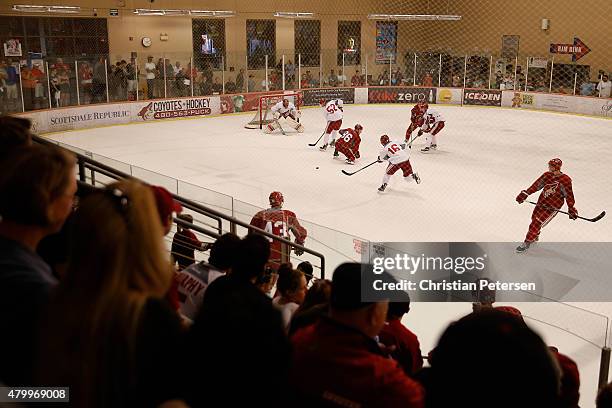 Max Domi of the Arizona Coyotes shoots the puck as he participates in the prospect development camp at the Ice Den on July 8, 2015 in Scottsdale,...