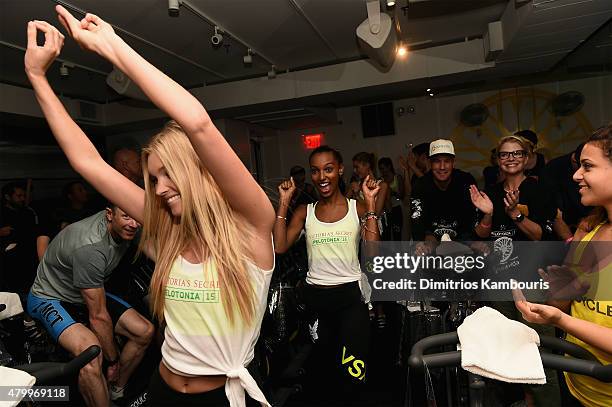 Victoria's Secret Angels Elsa Hosk and Jasmine Tookes attend the Victoria's Secret Angels' Charity Ride For Pelotonia at SoulCycle, West Village on...