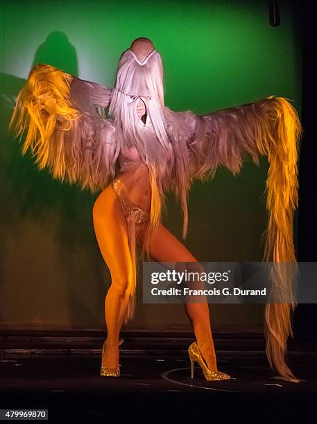 Model performs on stage during the Charlie Le Mindu show as part of Paris Fashion Week Haute Couture Fall/Winter 2015/2016 on July 8, 2015 in Paris,...