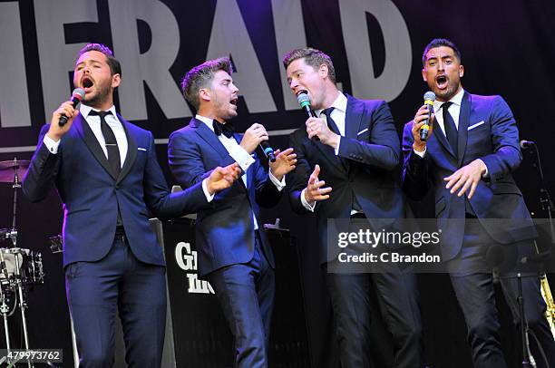 Martin McCafferty, Alfie Palmer, Andrew Bourn and Sean Ryder Wolf of Jack Pack perform on stage at Kew Gardens on July 8, 2015 in London, England.