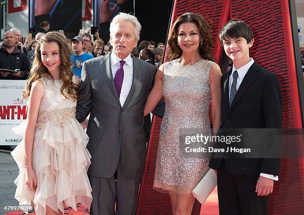 Carys Douglas,Michael Douglas, Catherine Zeta-Jones and son Dylan Douglas attend the European premiere of Marvel's "Ant-Man" at Odeon Leicester...