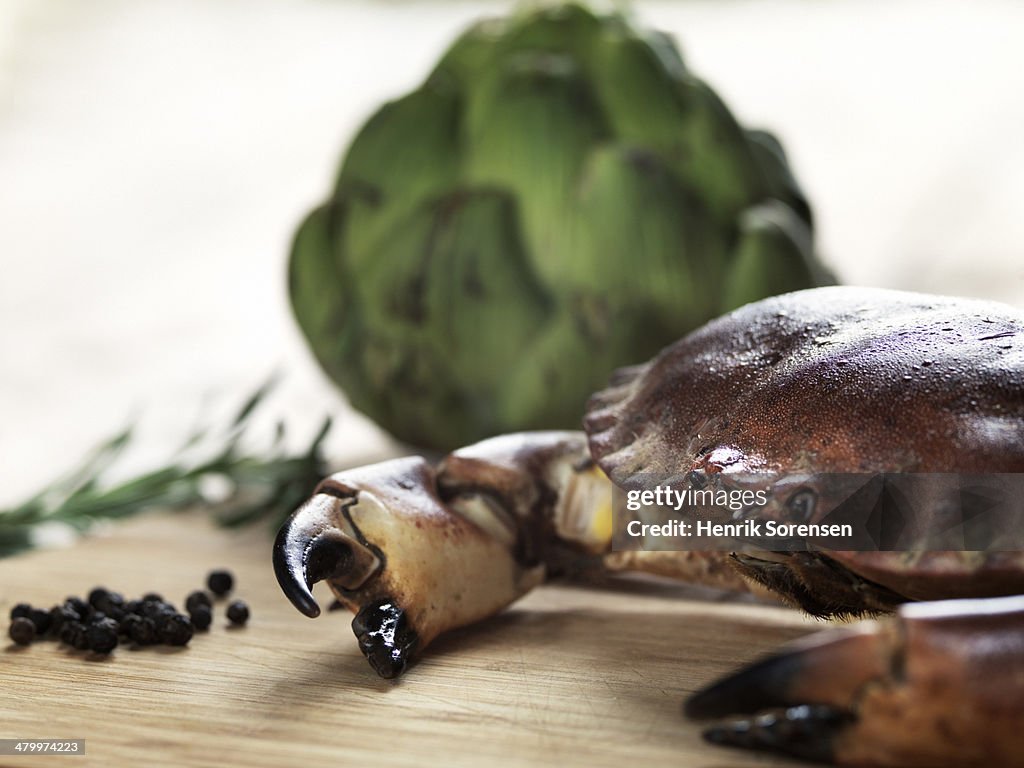 Crab on wood cutting board