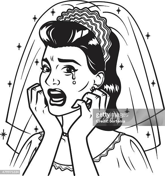 illustrations, cliparts, dessins animés et icônes de rétro lignes art illustration de pleurer la mariée - sad bride alone