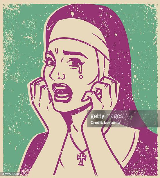 retro screen print of a crying nun - bad habit 幅插畫檔、美工圖案、卡通及圖標