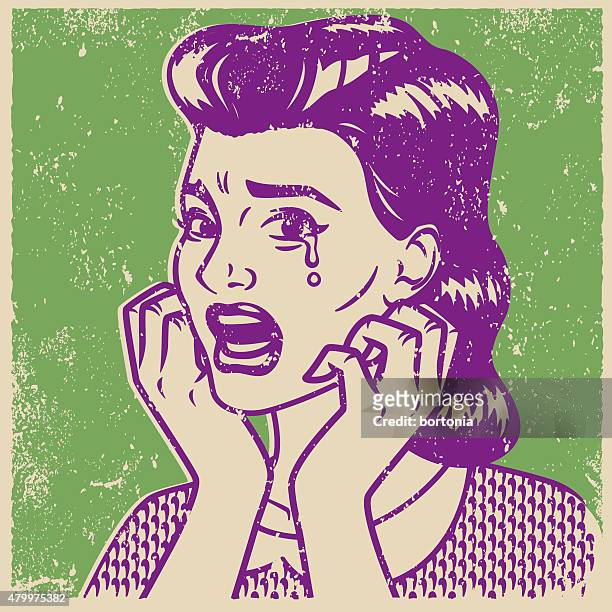 stockillustraties, clipart, cartoons en iconen met retro screen print of a crying woman - terrified