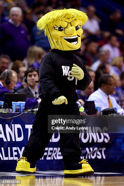 The Wichita State Shockers mascot, WuShock, performs during the second round of the 2014 NCAA Men's Basketball Tournament against the Cal Poly...