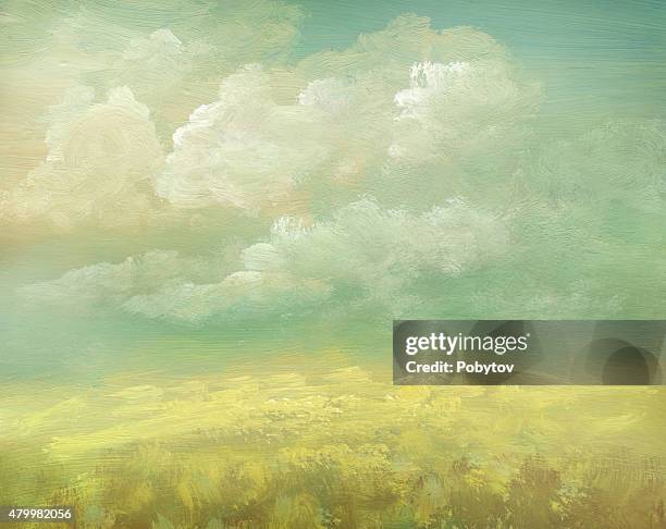 field, handbemalte vintage-hintergrund - wolkenbilder stock-grafiken, -clipart, -cartoons und -symbole