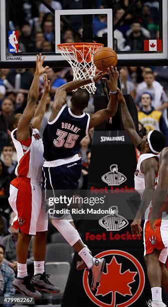 In the dying seconds, on a misplayed inbound ball, Thunder's Kevin Durant fails to convert as Raptors Kyle Lowry and John Salmon's collapse on the...