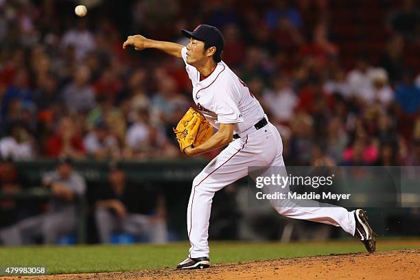 Koji Uehara of the Boston Red Sox pitches against the Miami Marlins during the ninth inning at Fenway Park on July 8, 2015 in Boston, Massachusetts....