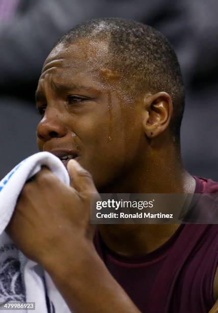 Alfonzo Houston of the North Carolina Central Eagles sits on the bench during the closing mintues of the Eagles 93-75 loss to the Iowa State Cyclones...