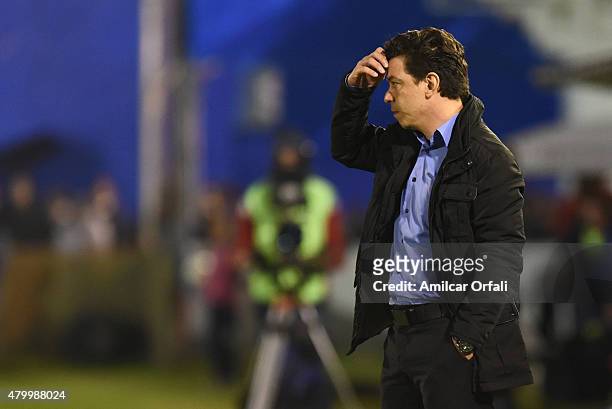 Marcelo Gallardo head coach of River Plate gestures during a match between Tigre and River Plate as part of 13th round of Torneo Primera Division...