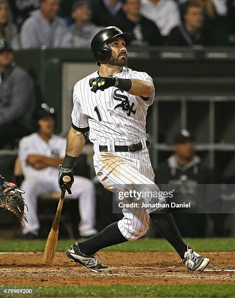 Adam Eaton of the Chicago White Sox hits a solo, walk-off home run in the 11th inning to defeat the Toronto Blue Jays at U.S. Cellular Field on July...
