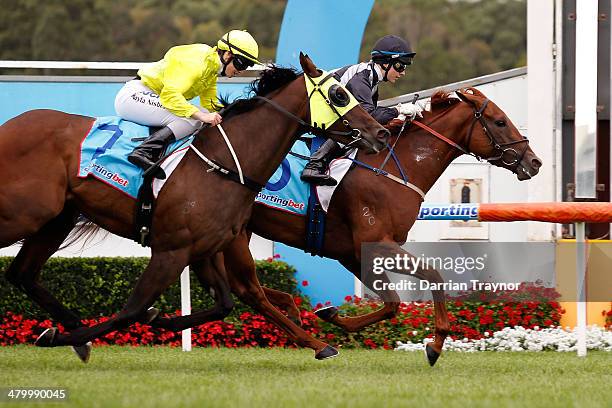 Jackie Beriman riding Written wins race 4 the Telstra Business Centre Dandenong Handicap ahead of Kayla Nisbet riding Arctic Song during City of...