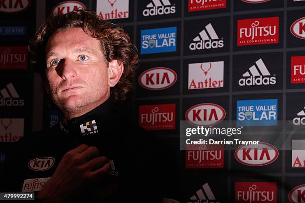 Essendon coach James Hird speaks to media during the Clash for Cancer Launch at True Value Solar Centre on July 9, 2015 in Melbourne, Australia.