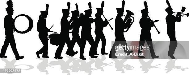 marching band silhouette full lineup - snare drum stock illustrations