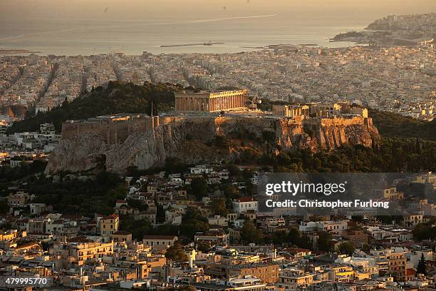 View of the Acropolis Hill and the Parthenon viewed from Lycabettus Hill on July 8, 2015 in Athens, Greece. Eurozone leaders have offered the Greek...