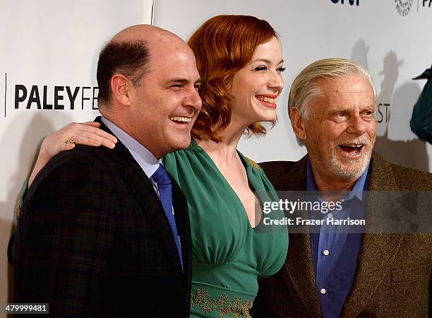 Show creator Matthew Weiner, Christina Hendricks and Robert Morse arrive at The Paley Center For Media's PaleyFest 2014 Honoring "Mad Men" at Dolby...