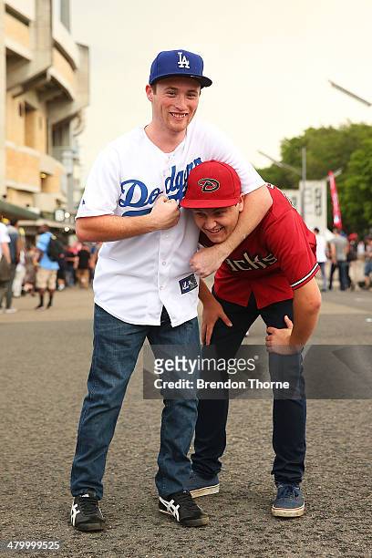 Dodgers and Diamondbacks fans show their colours prior to the opening match of the MLB season between the Los Angeles Dodgers and the Arizona...