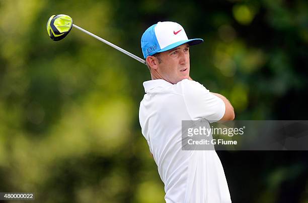 Kevin Chappell tees off on the 17th hole during the third round of the Greenbrier Classic at the Old White TPC on July 4, 2015 in White Sulphur...