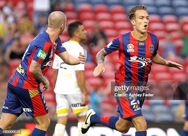 Adam Taggart of the Jets celebrates a goal during the round 24 A-League match between the Newcastle Jets and Wellington Phoenix at Hunter Stadium on...