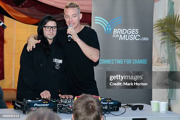 Skrillex and Diplo meet with Bluesfest School of Music and Art DJ Camp participants backstage on Day 1 of the RBC Royal Bank Bluesfest on July 8,...