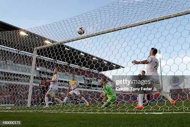 Emile Heskey of the Jets scores a goal during the round 24 A-League match between the Newcastle Jets and Wellington Phoenix at Hunter Stadium on...