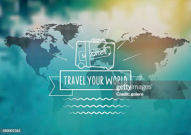 world travel line symbol on world map and blurred background - hiking map background stock illustrations