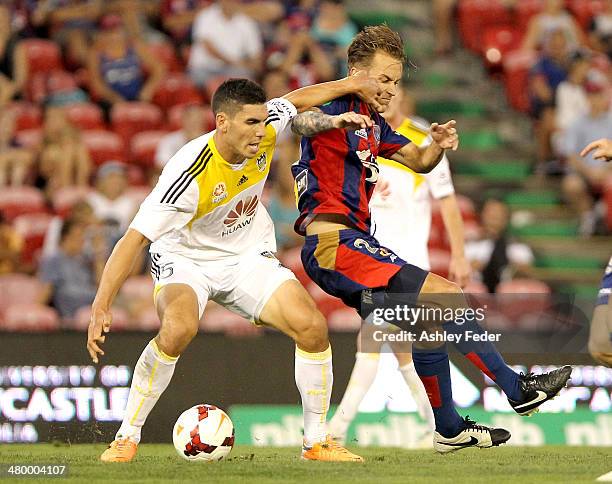 Michael Boxall of the Phoenix contests the ball against Adam Taggart of the Jets during the round 24 A-League match between the Newcastle Jets and...