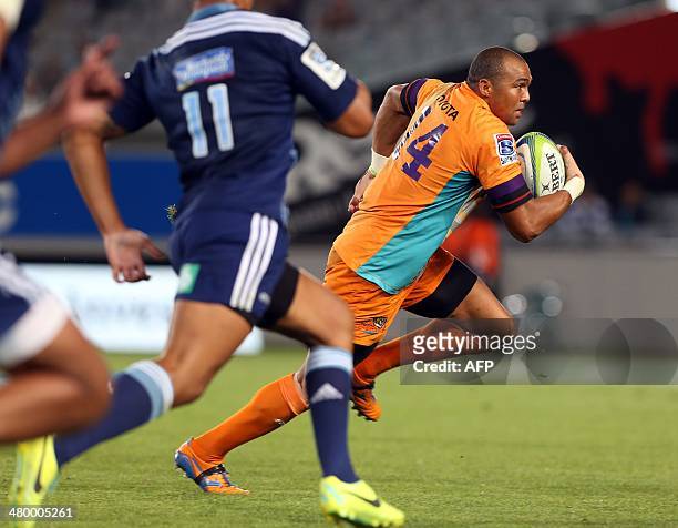 Central Cheetahs player Cornal Hendricks runs with the ball during the Super 15 rugby match between the Auckland Blues and Central Cheetahs at Eden...