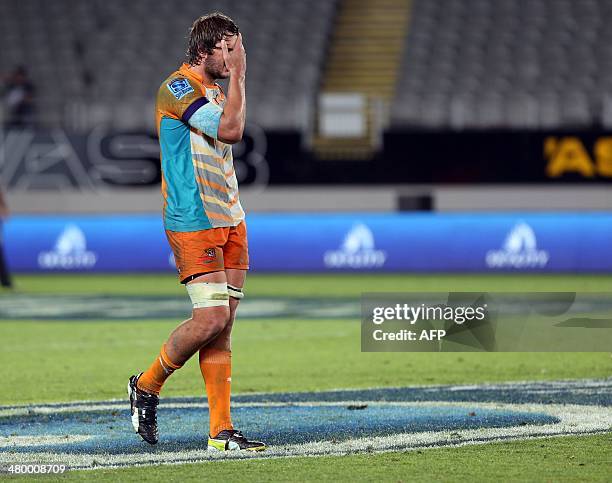 Central Cheetahs player Lodewyk de Jager reacts after losing the Super 15 rugby match between the Auckland Blues and Central Cheetahs at Eden Park in...