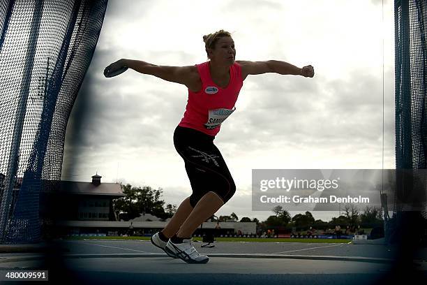 Dani Samuels of Australia competes in the Women's discus throw open during the IAAF Melbourne World Challenge at Olympic Park on March 22, 2014 in...