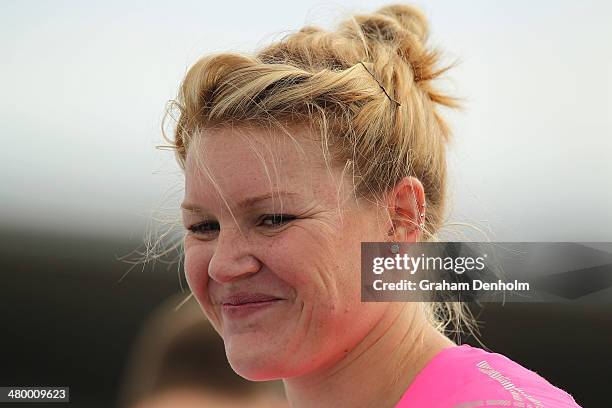 Dani Samuels of Australia smiles during the Women's discus throw open during the IAAF Melbourne World Challenge at Olympic Park on March 22, 2014 in...