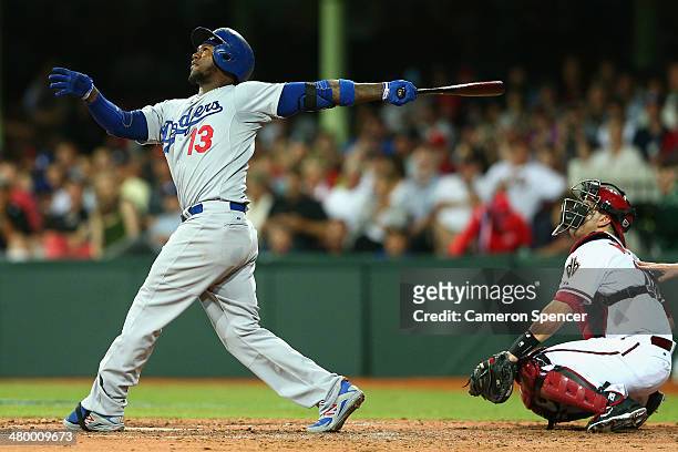 Hanley Ramirez of the Dodgers bats during the opening match of the MLB season between the Los Angeles Dodgers and the Arizona Diamondbacks at Sydney...