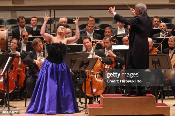 Zubin Mehta leading the Vienna Philharmonic Orchestra at Carnegie Hall on Sunday night, March 16, 2014.This image:The soprano Diana Damrau performing...