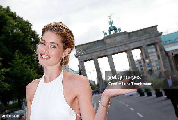 Doutzen Kroes attends the Mercedes-Benz Press Vernissage during the Mercedes-Benz Fashion Week Berlin Spring/Summer 2016 at Brandenburg Gate on July...