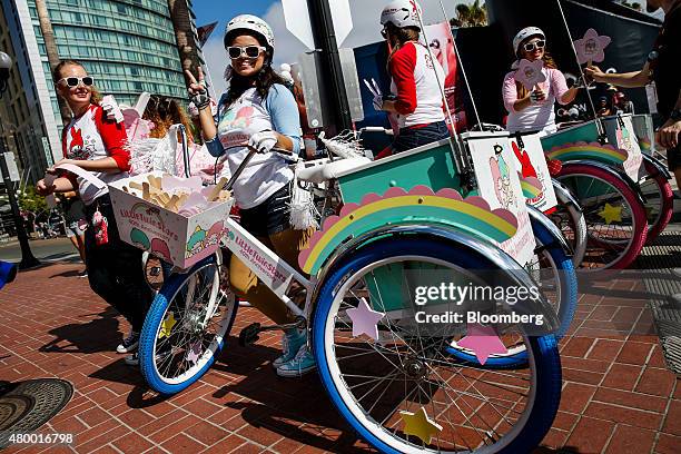 People promote Sanrio Co.'s Little Twin Stars characters during the Comic-Con International convention preview in San Diego, California, U.S, on...