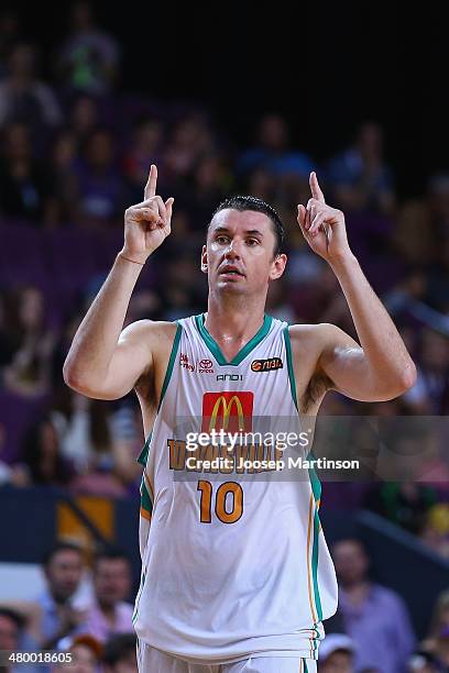 Russell Hinder of the Crocs celebrates winning a last game of his career during the round 23 NBL match between the Sydney Kings and the Townsville...