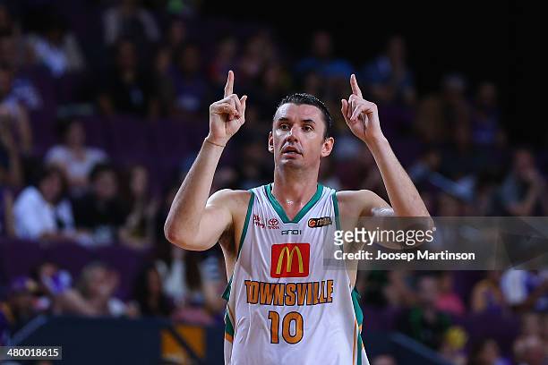 Russell Hinder of the Crocs celebrates winning a last game of his career during the round 23 NBL match between the Sydney Kings and the Townsville...