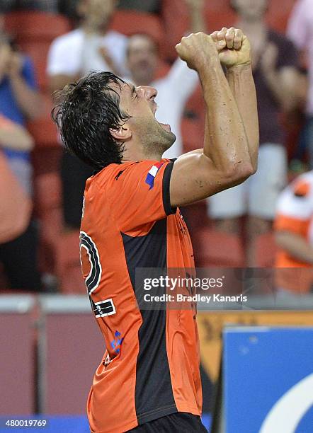 Thomas Broich of the Roar celebrates victory after the round 24 A-League match between Brisbane Roar and Melbourne Victory at Suncorp Stadium on...