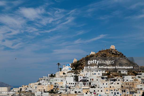 Panoramic view of Chora on June 29, 2015 in Ios,Greece.Chora is very picturesque cycladic village, full of stairs and narrow paths .The main path...