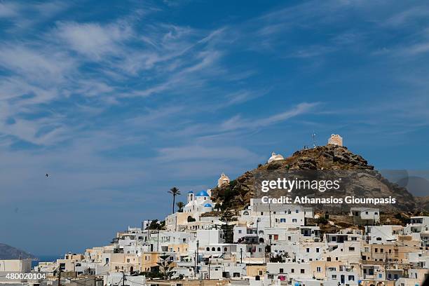 Panoramic view of Chora on June 29, 2015 in Ios,Greece.Chora is very picturesque cycladic village, full of stairs and narrow paths .The main path...