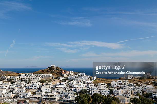 Panoramic view of Chora on June 29, 2015 in Ios, Greece.Chora is very picturesque cycladic village, full of stairs and narrow paths .The main path...