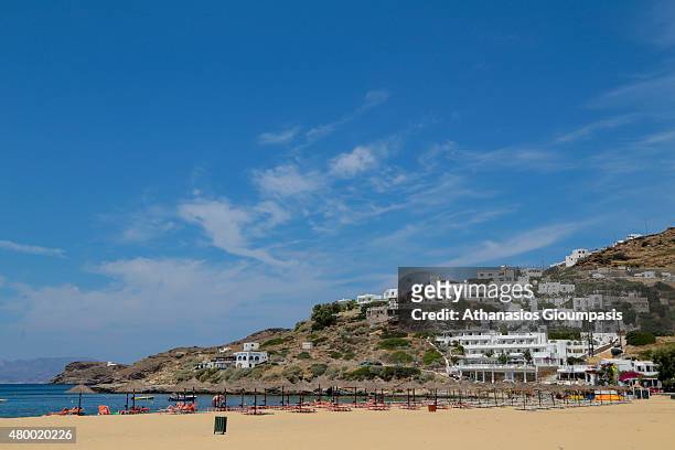Milopotas Beach on June 29, 2015 in Ios, Greece.The popular beach of Mylopotas beach has been developed to an equivalent mass package tourism...