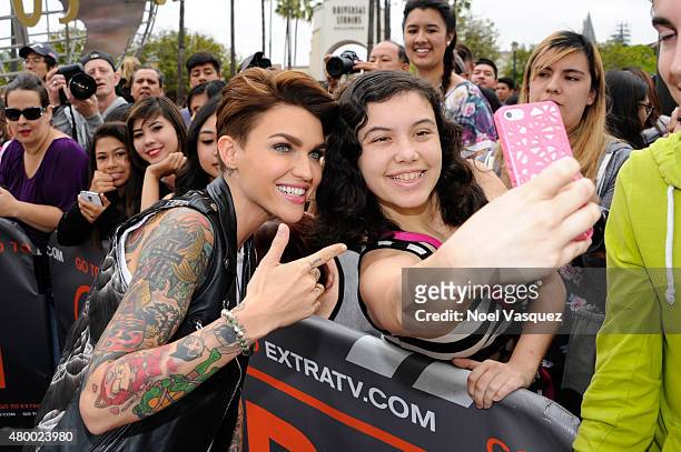 Ruby Rose takes a selfie with fans at "Extra" at Universal Studios Hollywood on July 8, 2015 in Universal City, California.